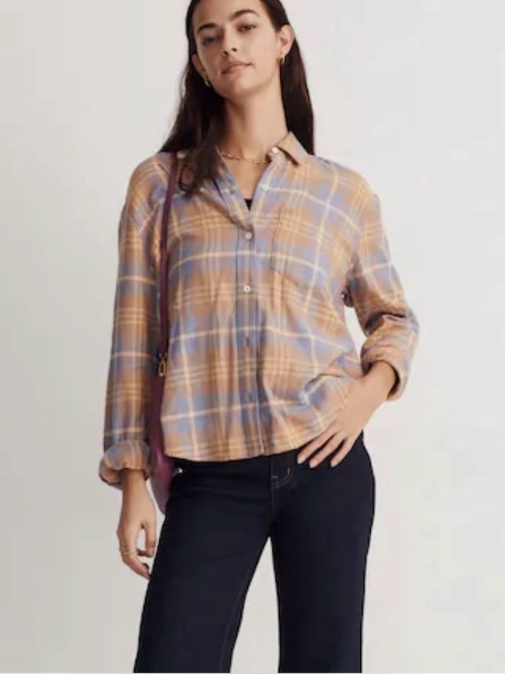 Madewell Plaid Button-Front Shirt in Peach and Lavender - Women's Top